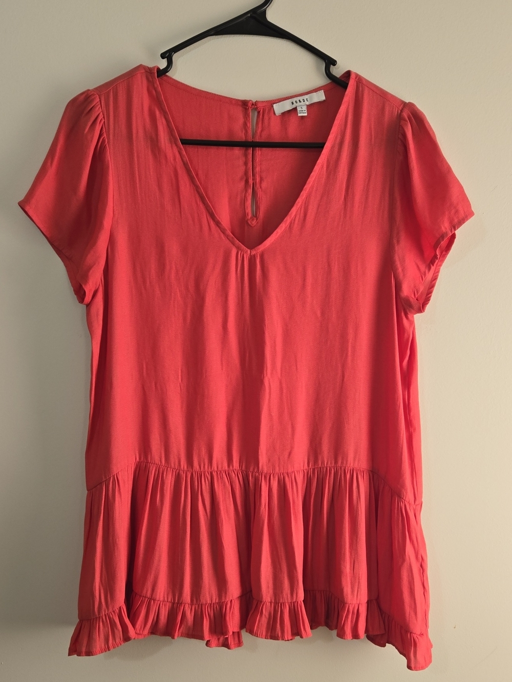 RO&DE Coral Pink V-Neck Ruffle Hem Top